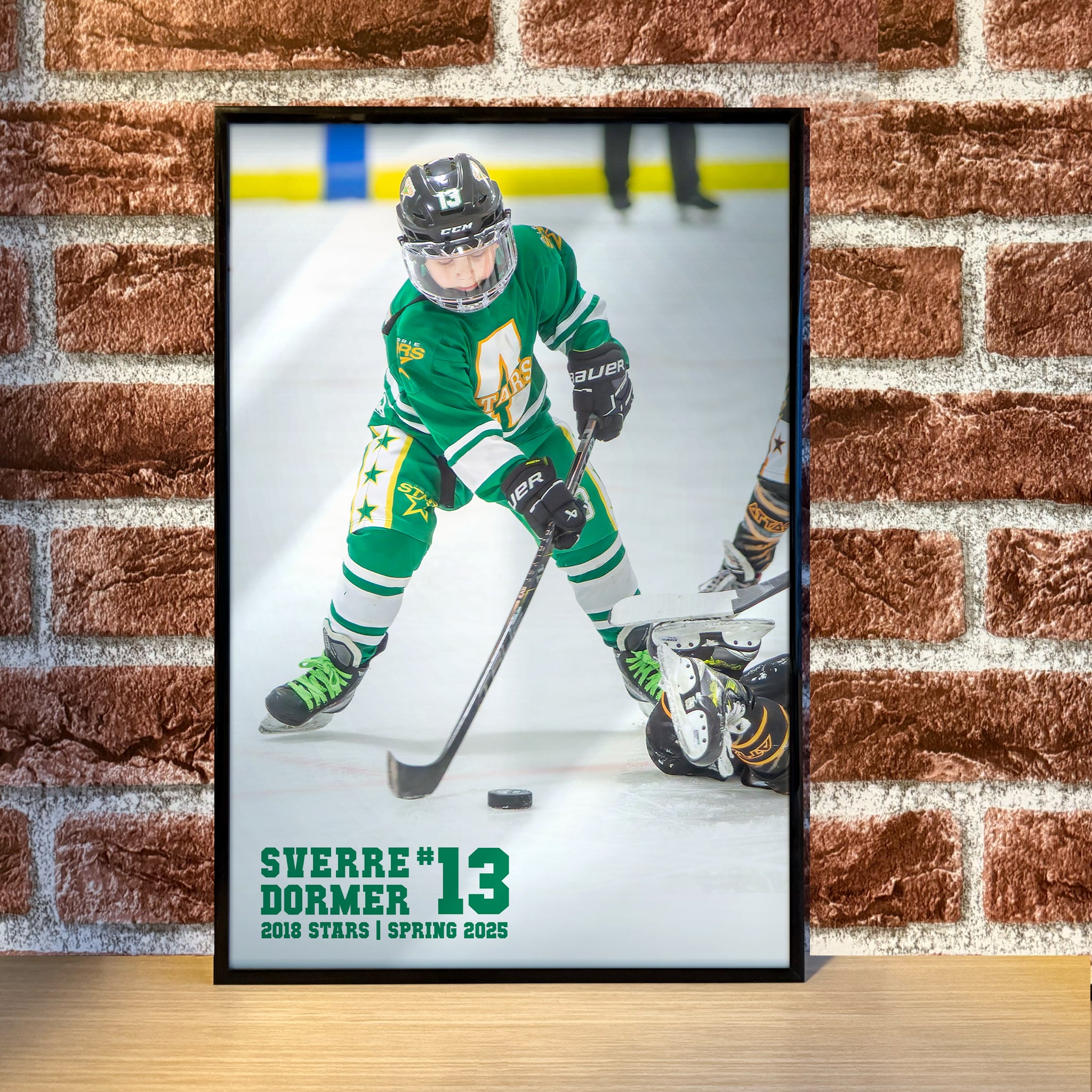 Personalized hockey poster showing child's name, jersey number, team and year inset on an action shot of the child, perfect for kids room or team gift.